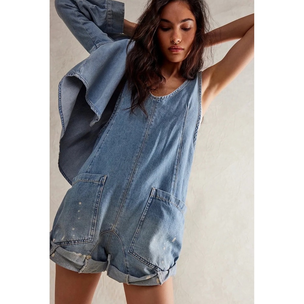 Free People Women's High Roller Denim Shortall Bright Eye Baggy Womens Size S